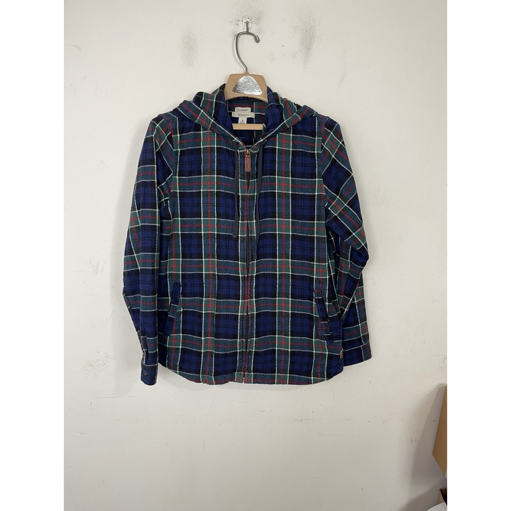 LL Bean Womens Hoodie Medium Tartan Plaid Flannel Cabincore Rustic Full Zip